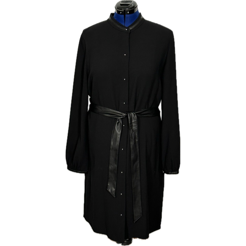 NWT Vince Faux-Leather-Trim Crepe Shirt Dress Belted Snap Front Large V144052002